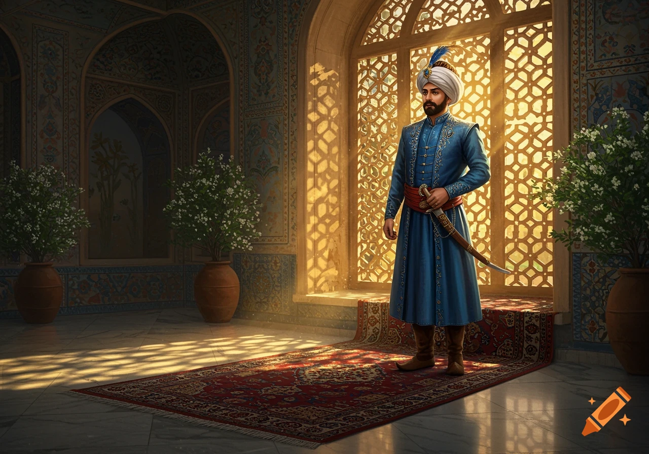 A man in blue traditional attire and a white turban stands on a red rug in a sunlit opulent hall with arched windows.