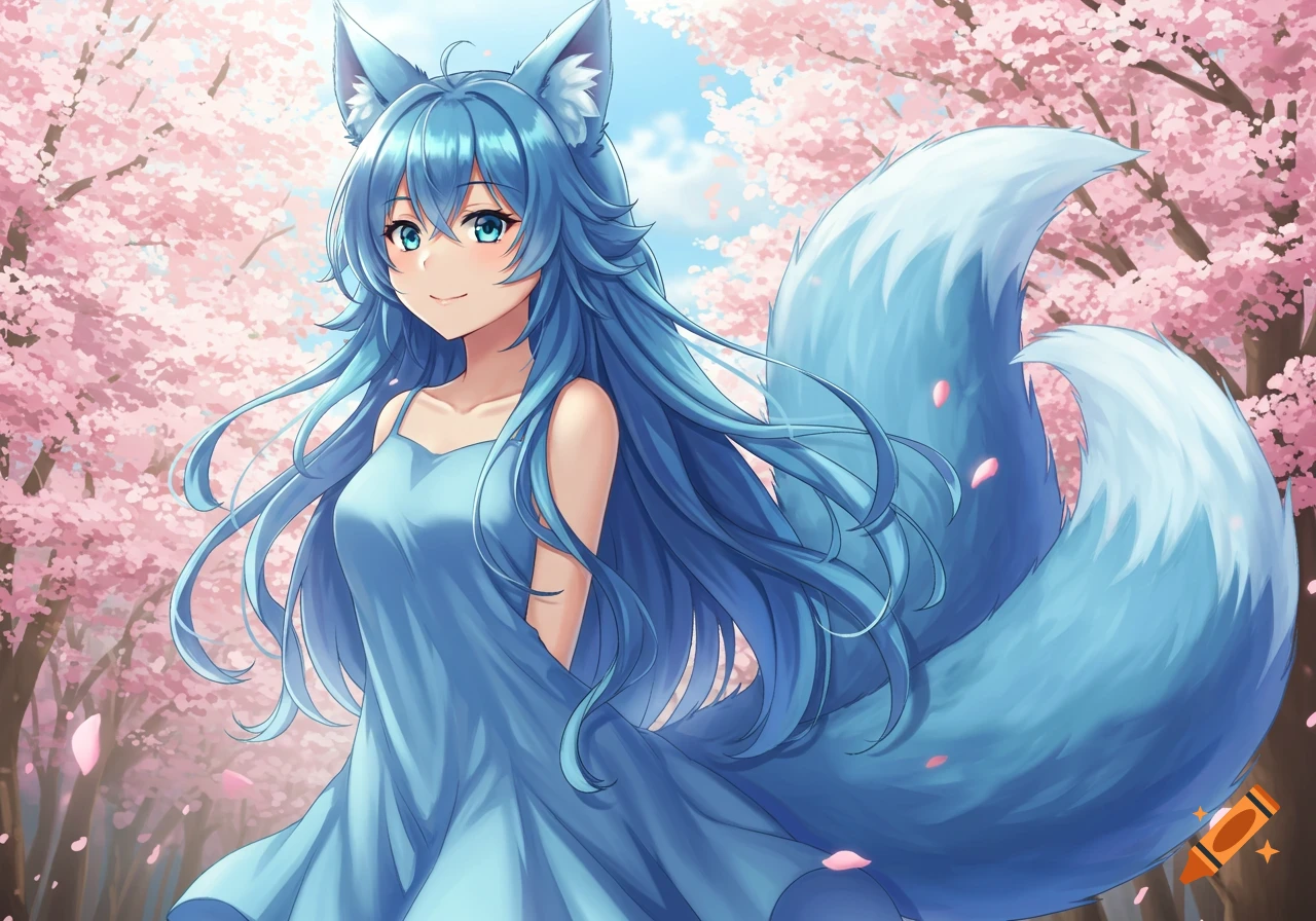 Anime girl with long blue hair, fox ears, and a tail, wearing a blue dress, standing under pink cherry blossom trees.