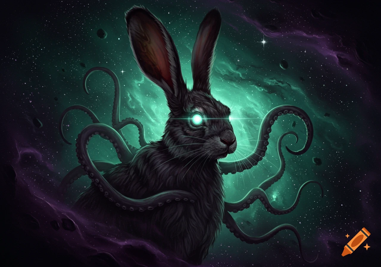 A cosmic horror hare with glowing eyes and tentacles against a vibrant green and purple space nebula, with stars and asteroids.