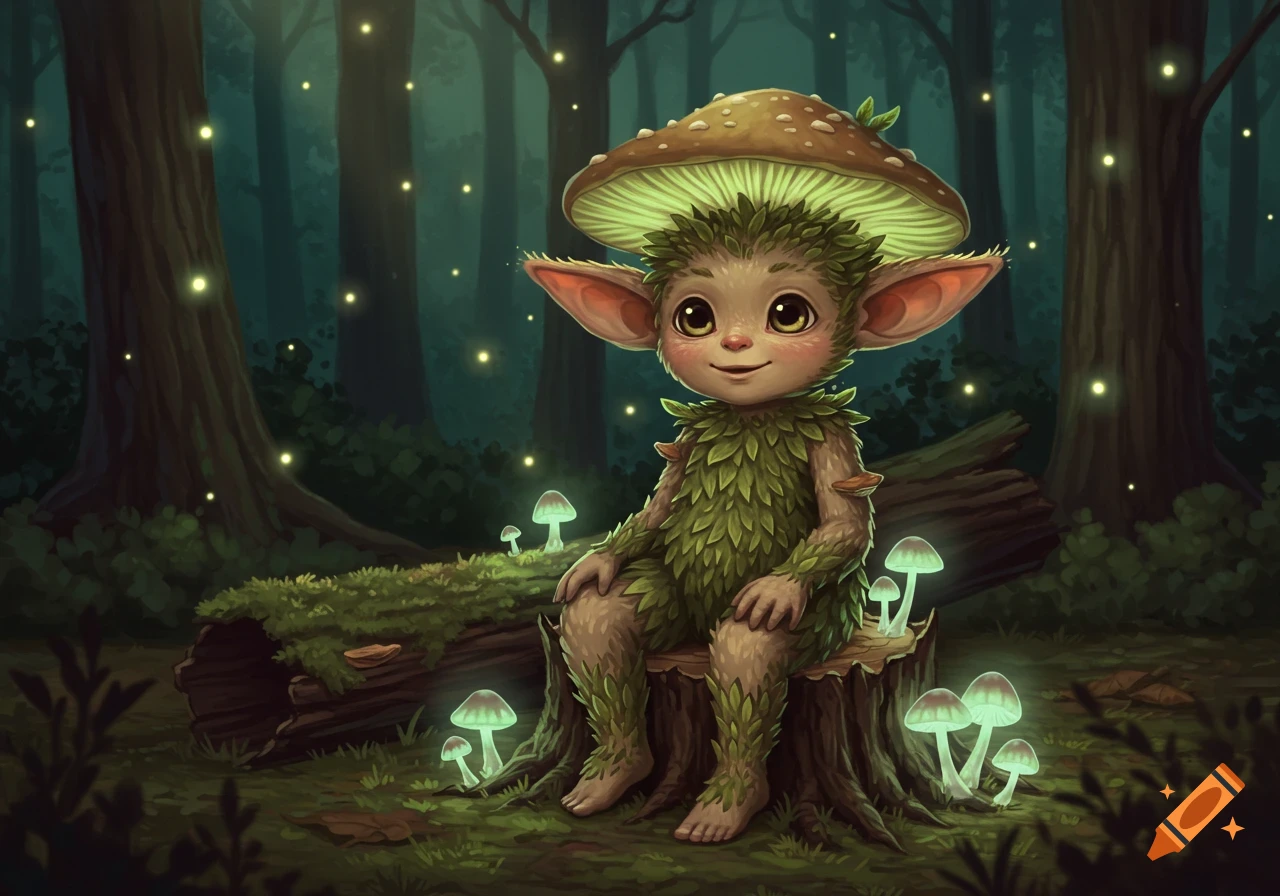 A cute, fungi-based forest creature with a mushroom hat sitting on a tree stump in a dark, glowing forest with bioluminescent mushrooms.