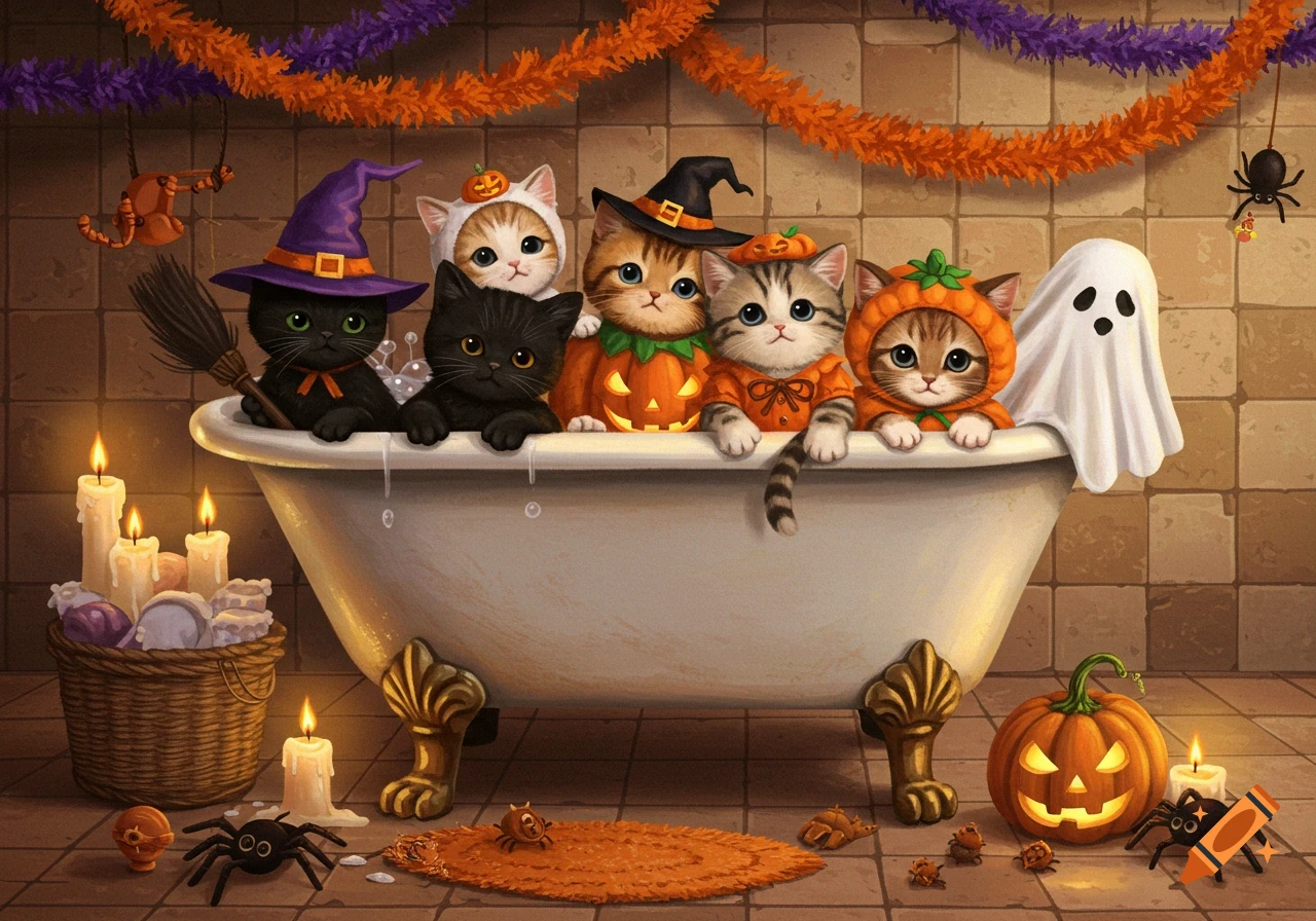 Illustration of six cute kittens in Halloween costumes sitting in a bathtub decorated for the holiday.