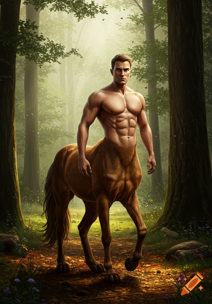 A muscular male centaur with a human torso and brown horse body stands on a forest path, looking forward.