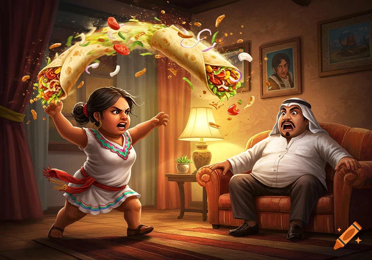 A cartoon woman aggressively throws two burritos, spilling ingredients, at a surprised man sitting on a couch.