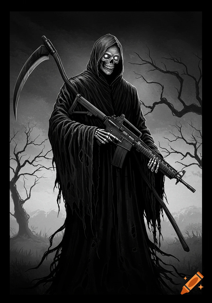Black and white grim reaper with glowing eyes holding a scythe and an assault rifle in a dark, barren landscape.