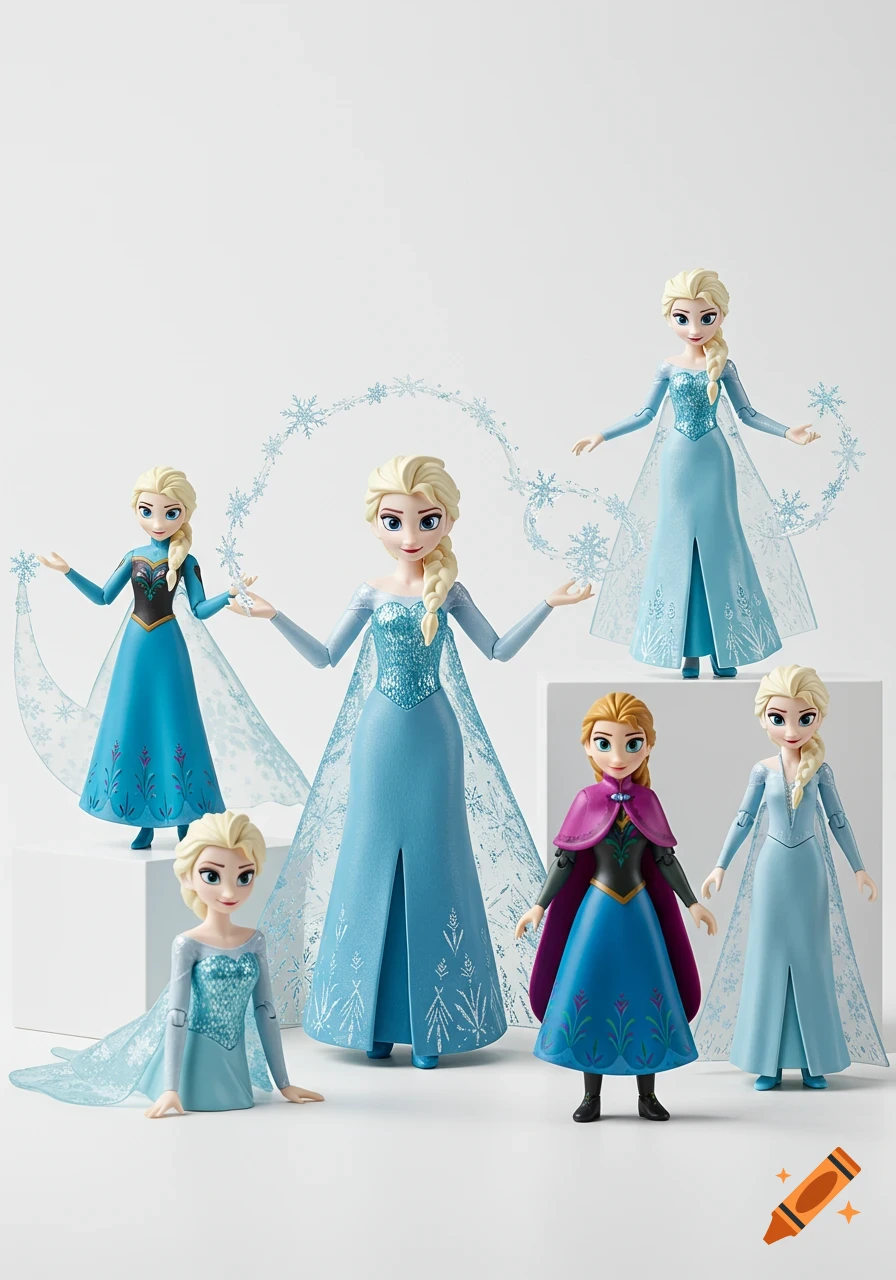 Several Elsa dolls from Frozen arranged on a clean white background, some with snowflake effects.