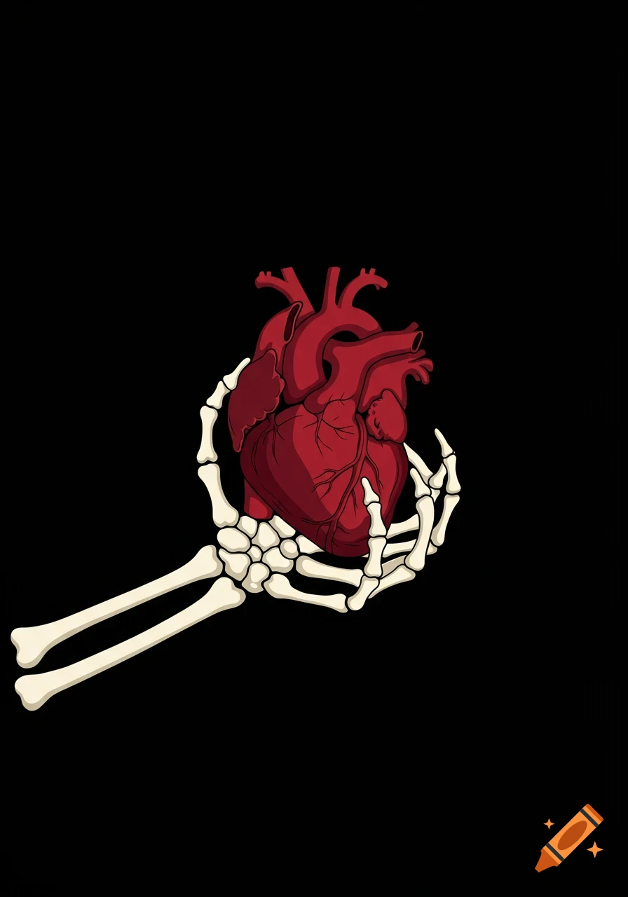 Stylized illustration of a skeletal hand holding a red anatomical heart on a black background.