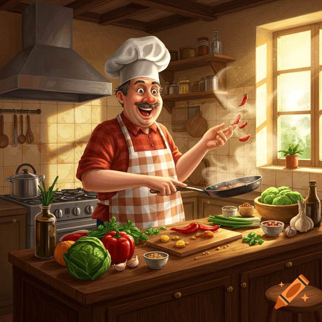 A cartoon chef with a mustache, wearing a red plaid shirt and apron, happily cooks in a sunny kitchen, tossing peppers in a pan.
