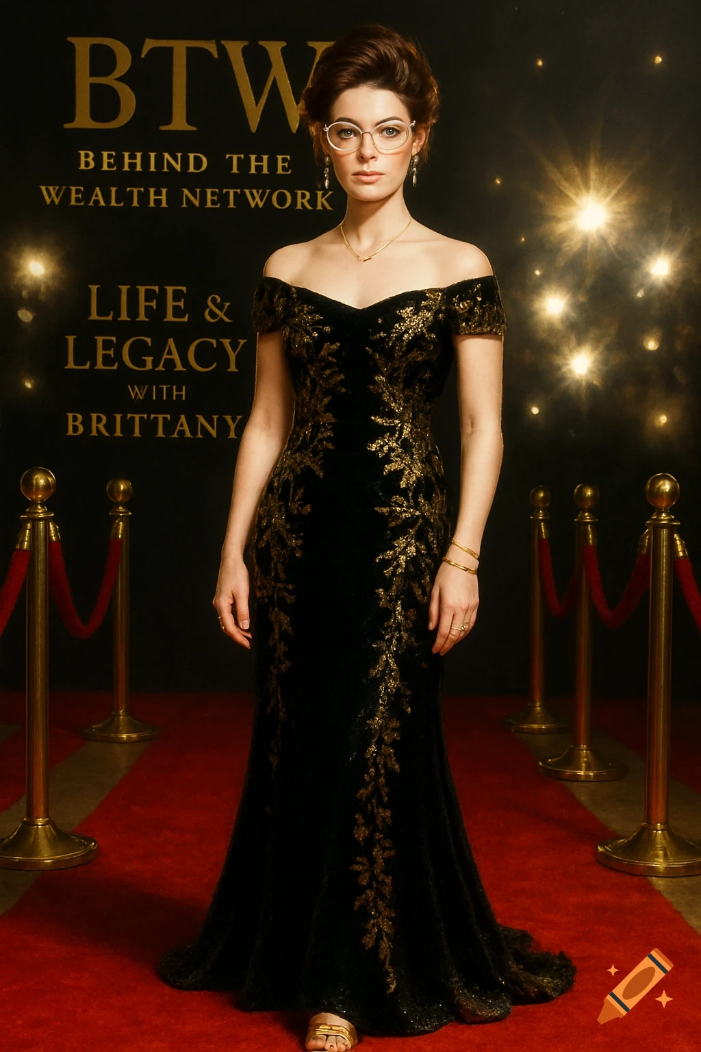 A young woman in a black and gold off-the-shoulder gown and glasses stands on a red carpet in front of a black backdrop with gold text.