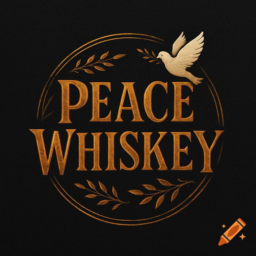 A golden logo with the words 'PEACE WHISKEY' in a circular frame, adorned with olive branches and a dove.