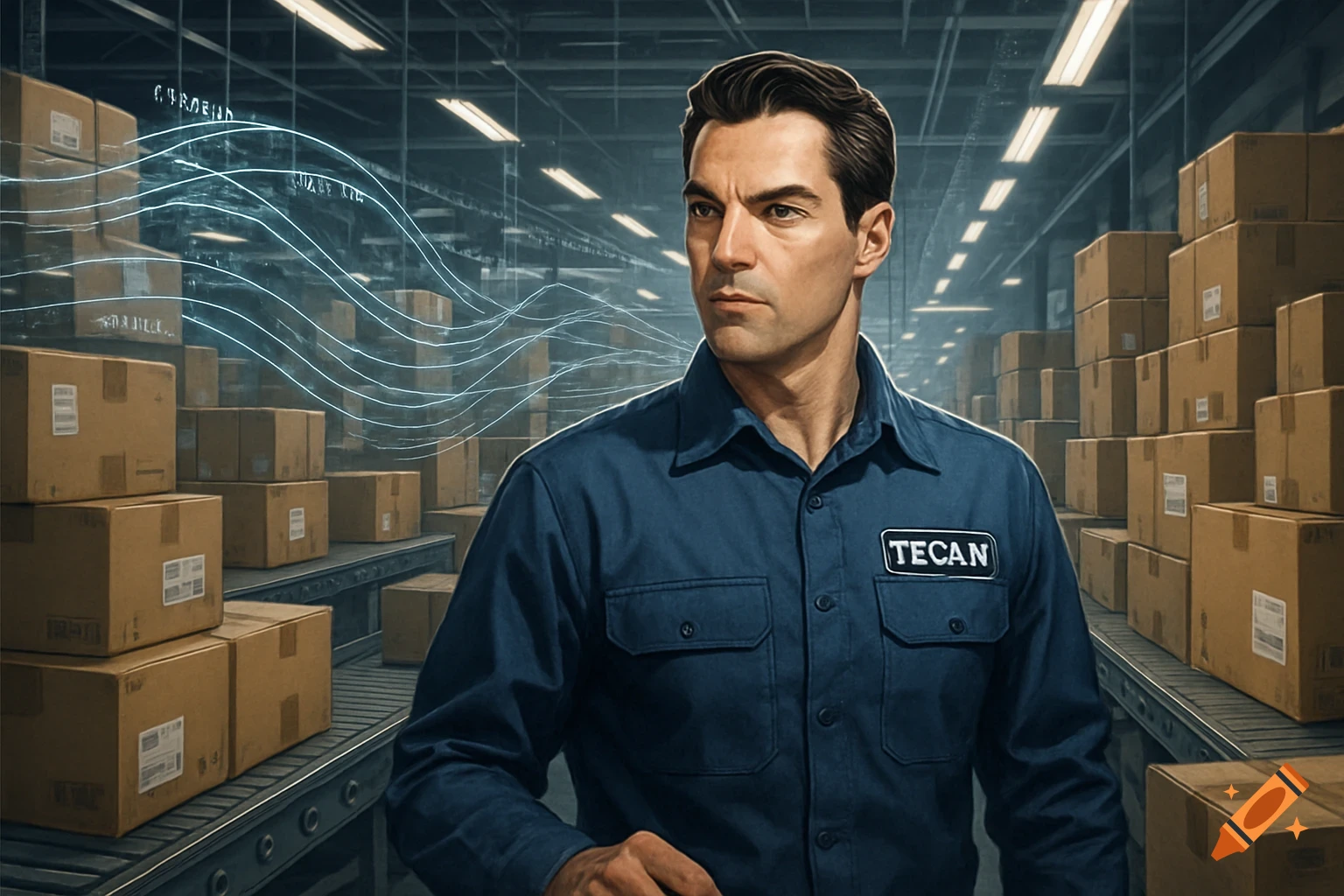 Photorealistic portrait of a man in a blue work shirt with a 'TECAN' patch, standing in a warehouse with boxes.