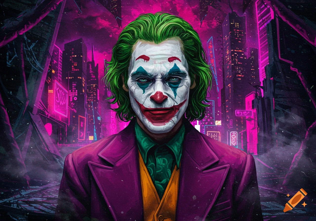 A vibrant digital portrait of the Joker with green hair and clown makeup, wearing a purple suit, against a neon cyberpunk city backdrop.