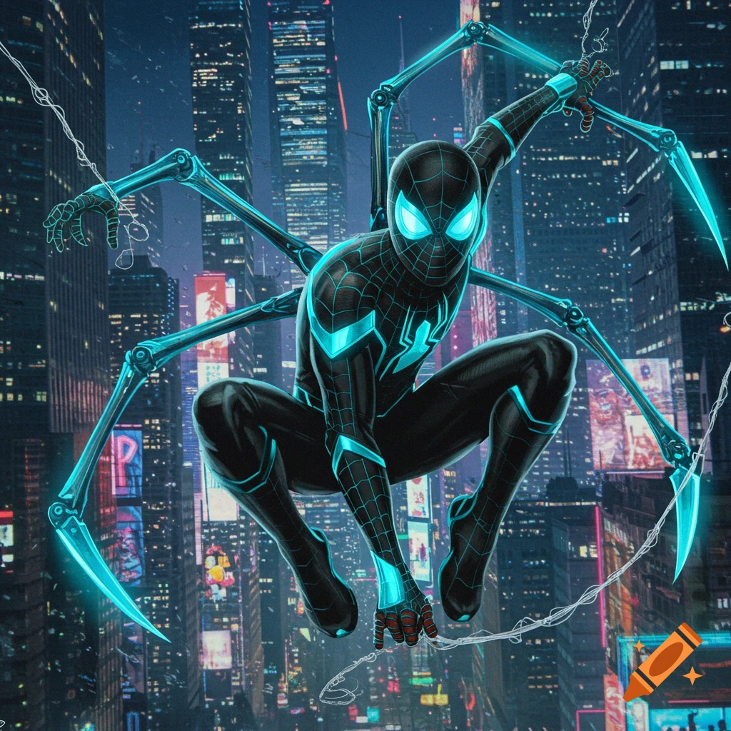 Spider-Man in a black and glowing blue futuristic suit with mechanical arms, crouching against a vibrant neon cityscape at night.