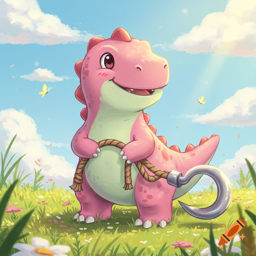 A cute, happy pink cartoon dinosaur with a hook for a tail and holding a rope, standing in a sunny green field with flowers and butterflies.