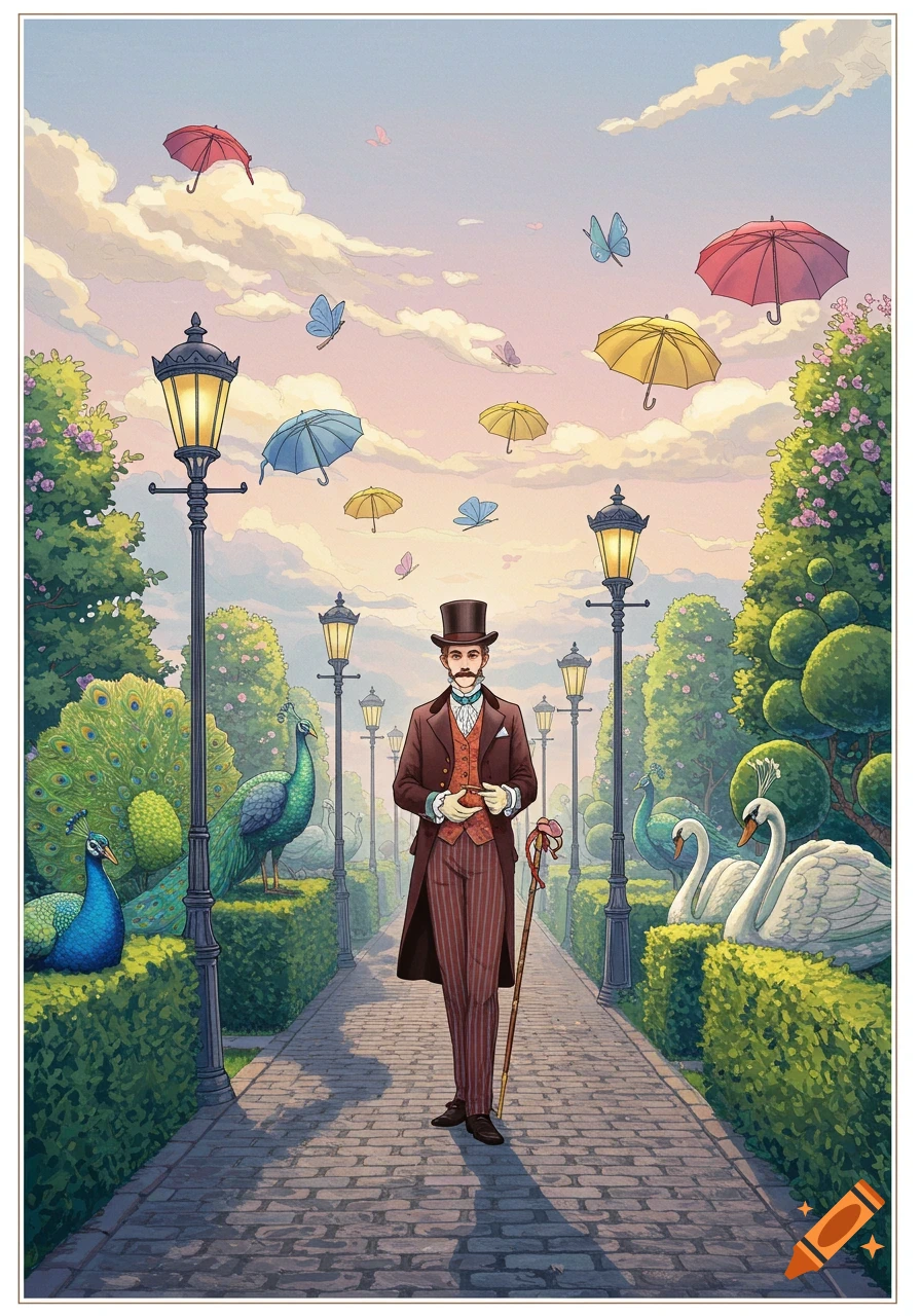 A dandy man walks in a whimsical garden with peacocks and swans, as colorful umbrellas float in the pastel sky. Illustration.