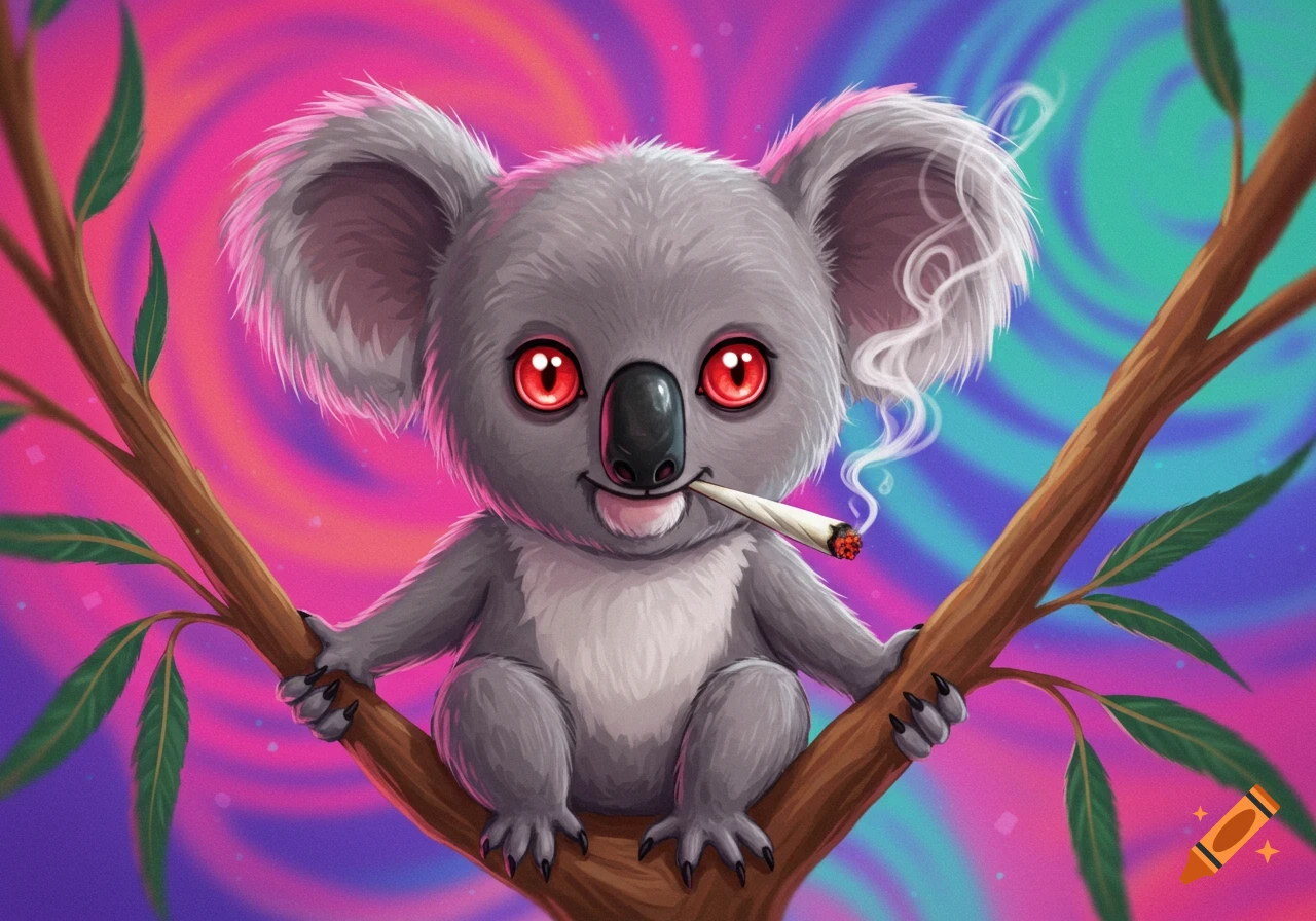 Cartoon koala with red eyes smoking a joint, sitting on a eucalyptus branch against a vibrant, trippy, psychedelic background.