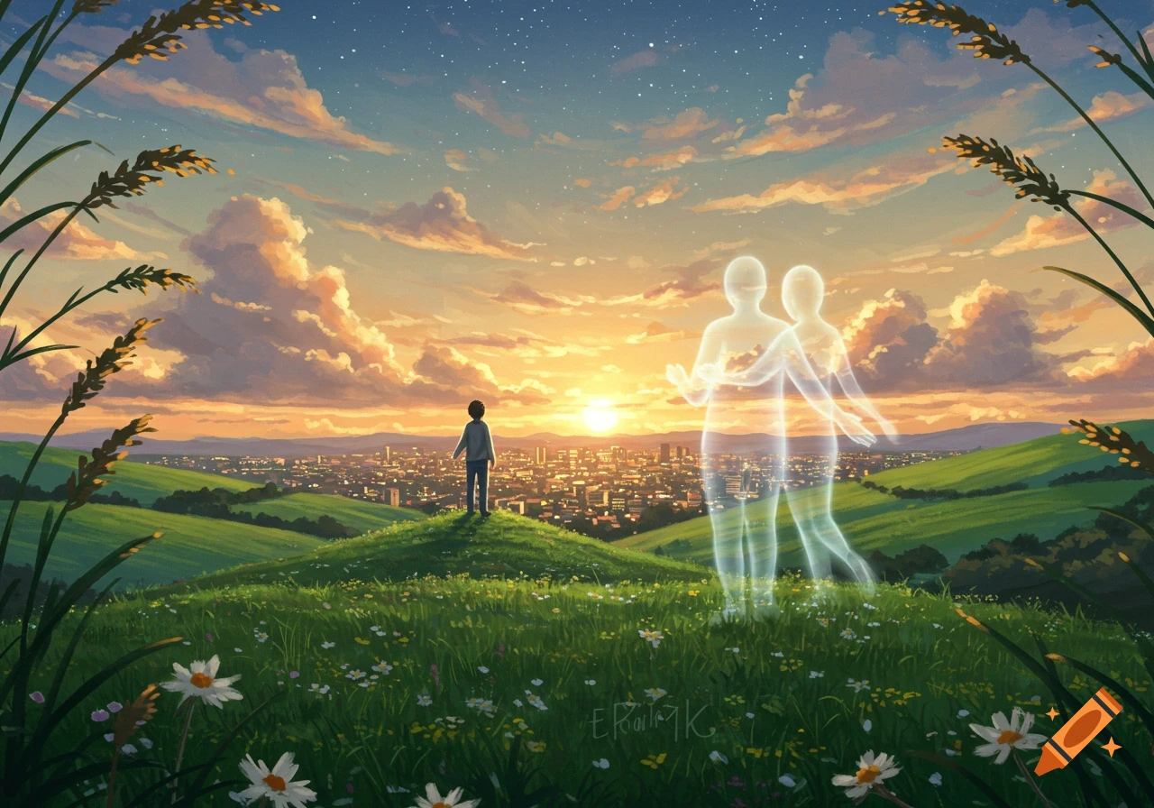 An illustrative image of a young boy on a green hill at sunset, looking at a city, with two glowing ghost-like figures nearby.