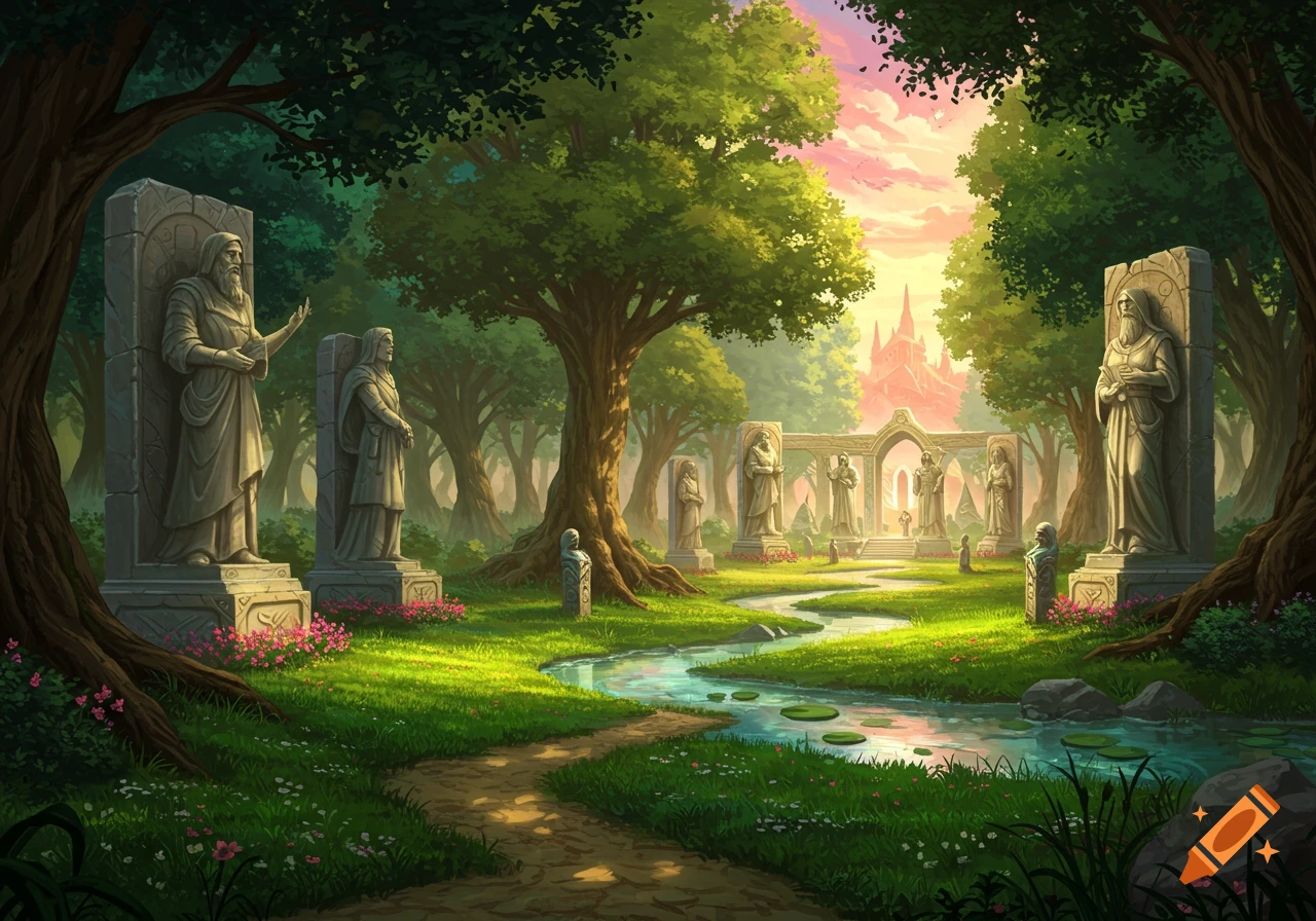 A lush fantasy park with a winding stream, stone statues, and a distant castle under a vibrant sunset sky.