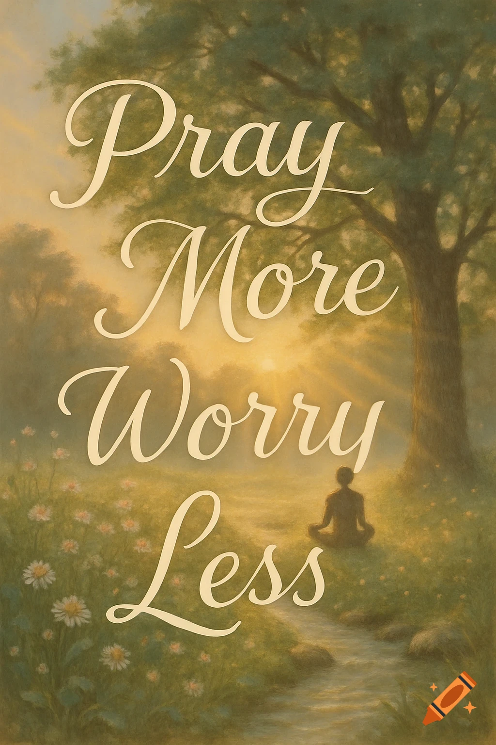 A serene painting of a person meditating under a tree in a field of flowers with 'Pray More Worry Less' overlayed.