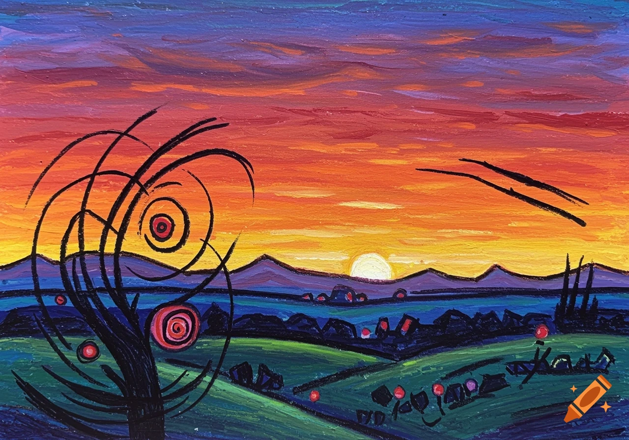An abstract oil pastel painting depicting a vibrant sunset over a landscape, reminiscent of Kandinsky's style.