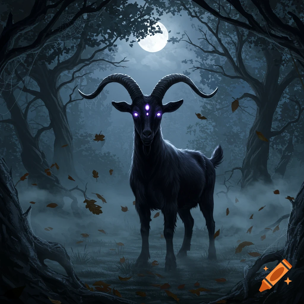 A three-eyed black goat with glowing purple eyes stands in a dark, misty forest under a full moon, digital art.