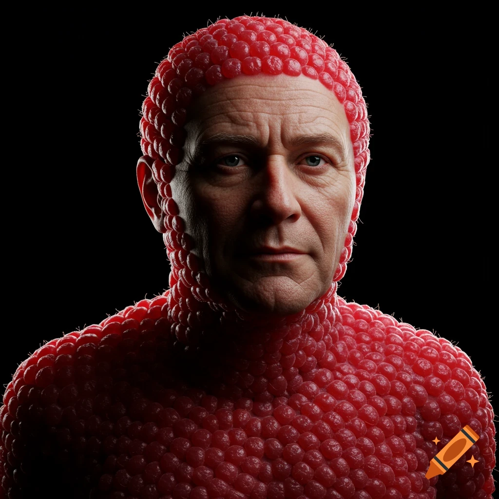 Hyperrealistic portrait of a middle-aged man with skin made of red berries, against a black background.