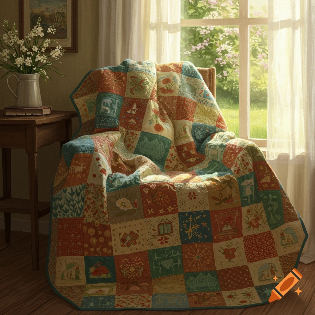 A colorful patchwork quilt draped over a chair by a sunlit window, with a vase of white flowers and a book on a side table.