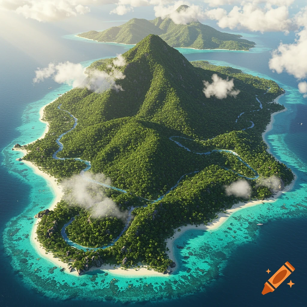 Aerial view of a lush green tropical island with a winding river, white sand beaches, and turquoise ocean.