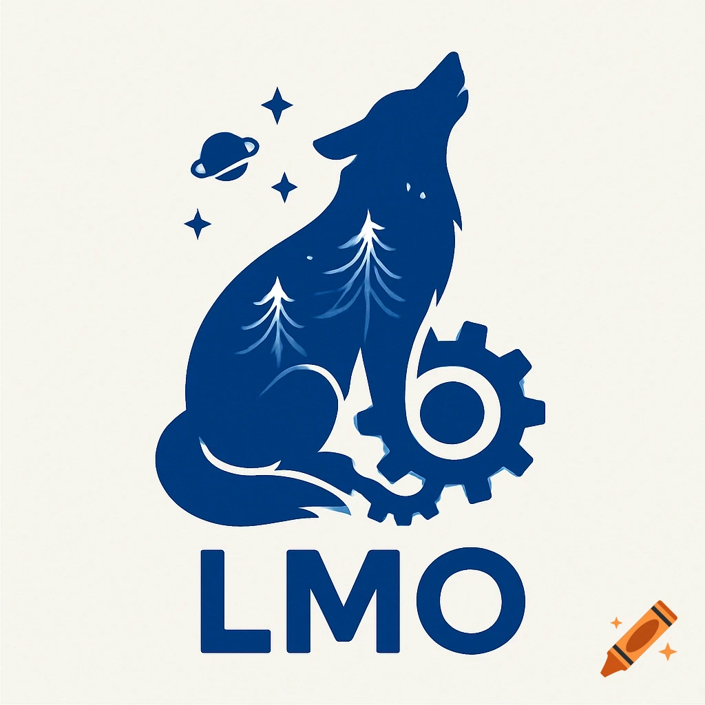 A blue silhouette logo featuring a howling wolf with trees inside its body, next to a gear, a planet, and stars, with the letters "LMO" below.