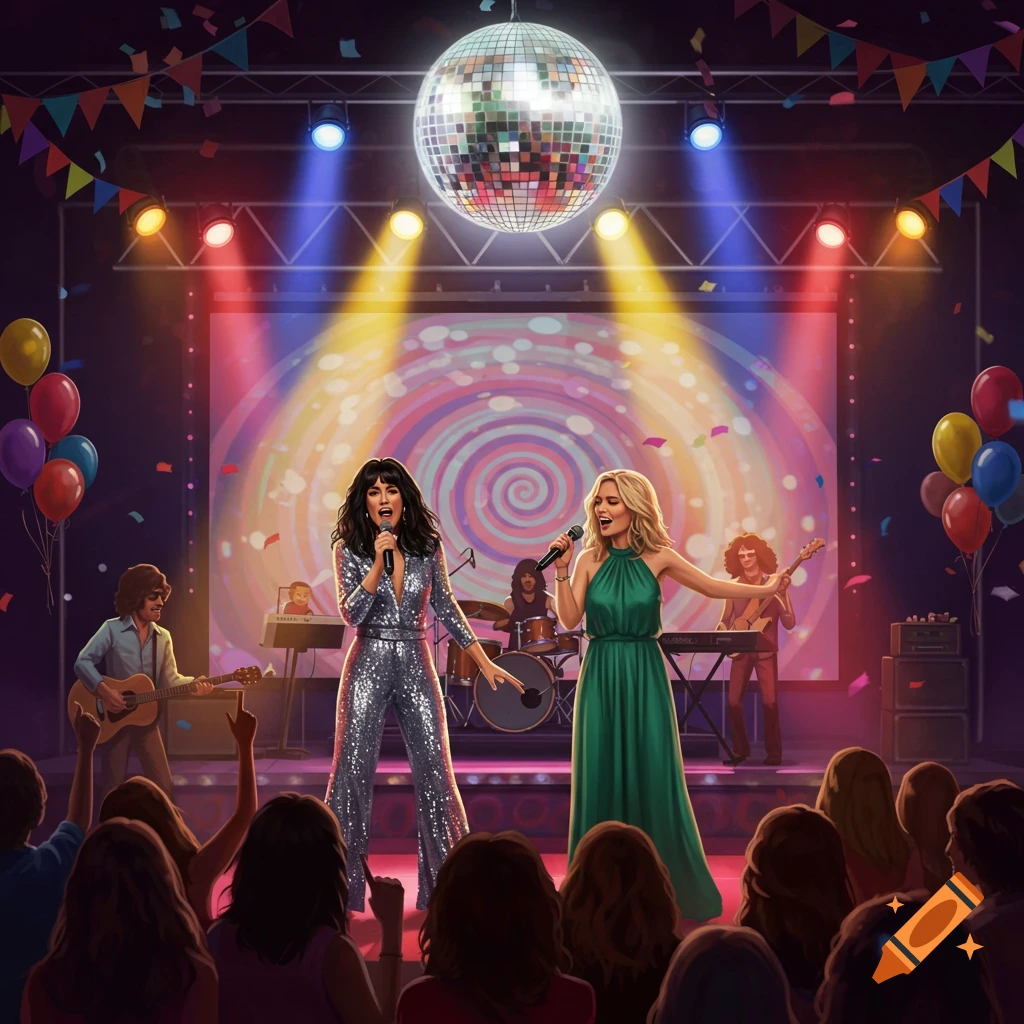 Two female singers perform on a stage with a disco ball, lights, and confetti, while a band plays in the background to a cheering crowd.