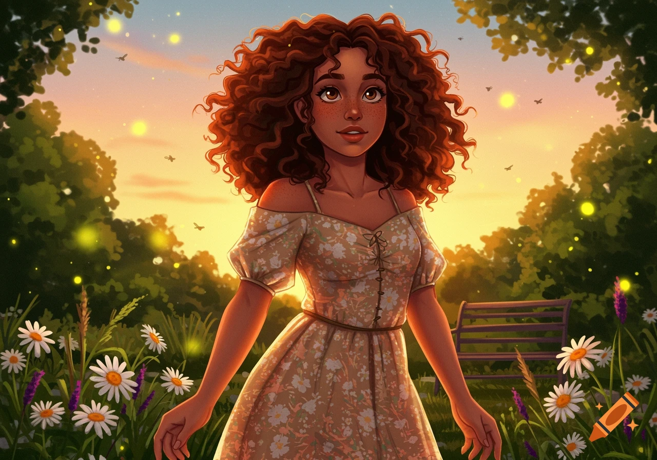 A young woman with curly brown hair and a floral dress stands in a vibrant, sunlit garden with fireflies and daisies.