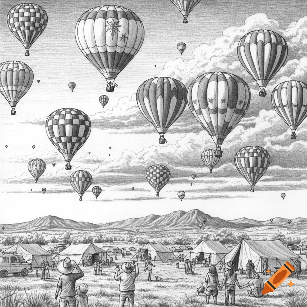 A detailed black and white pencil sketch of a hot air balloon festival with numerous balloons ascending over mountains, tents, and people.
