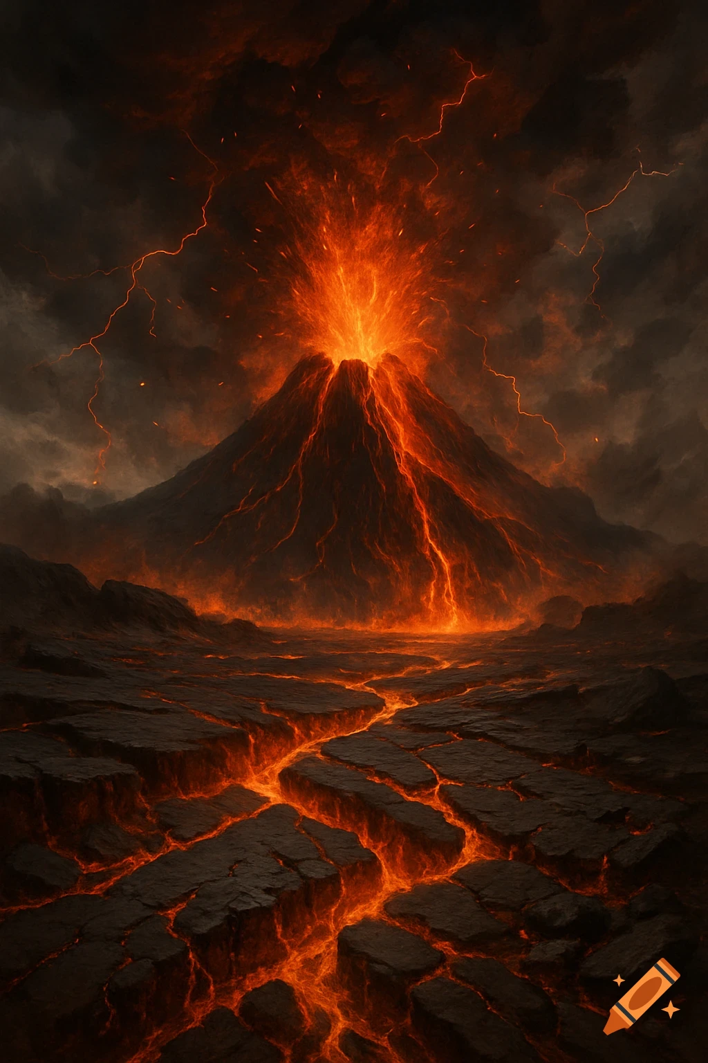A dramatic volcanic eruption with bright orange lava flowing down the sides of the volcano and through cracks in the dark, rocky ground, under a stormy sky.