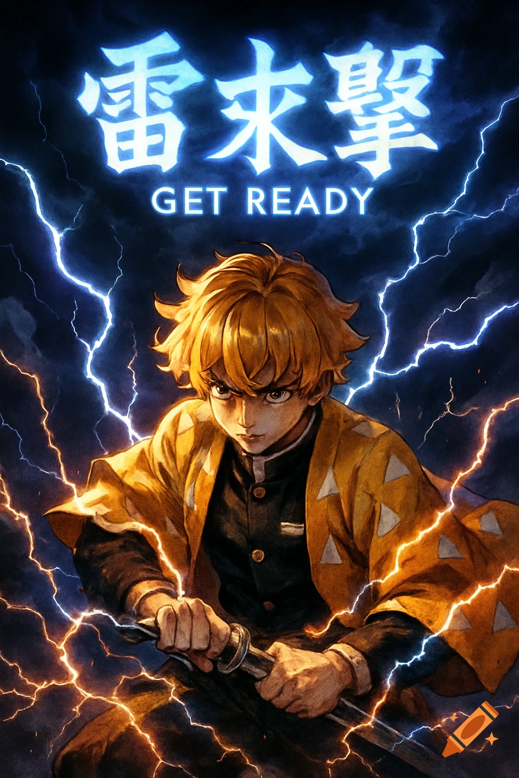 An anime poster featuring Zenitsu from Demon Slayer in a dynamic pose surrounded by lightning, with Japanese characters and 'GET READY' text.