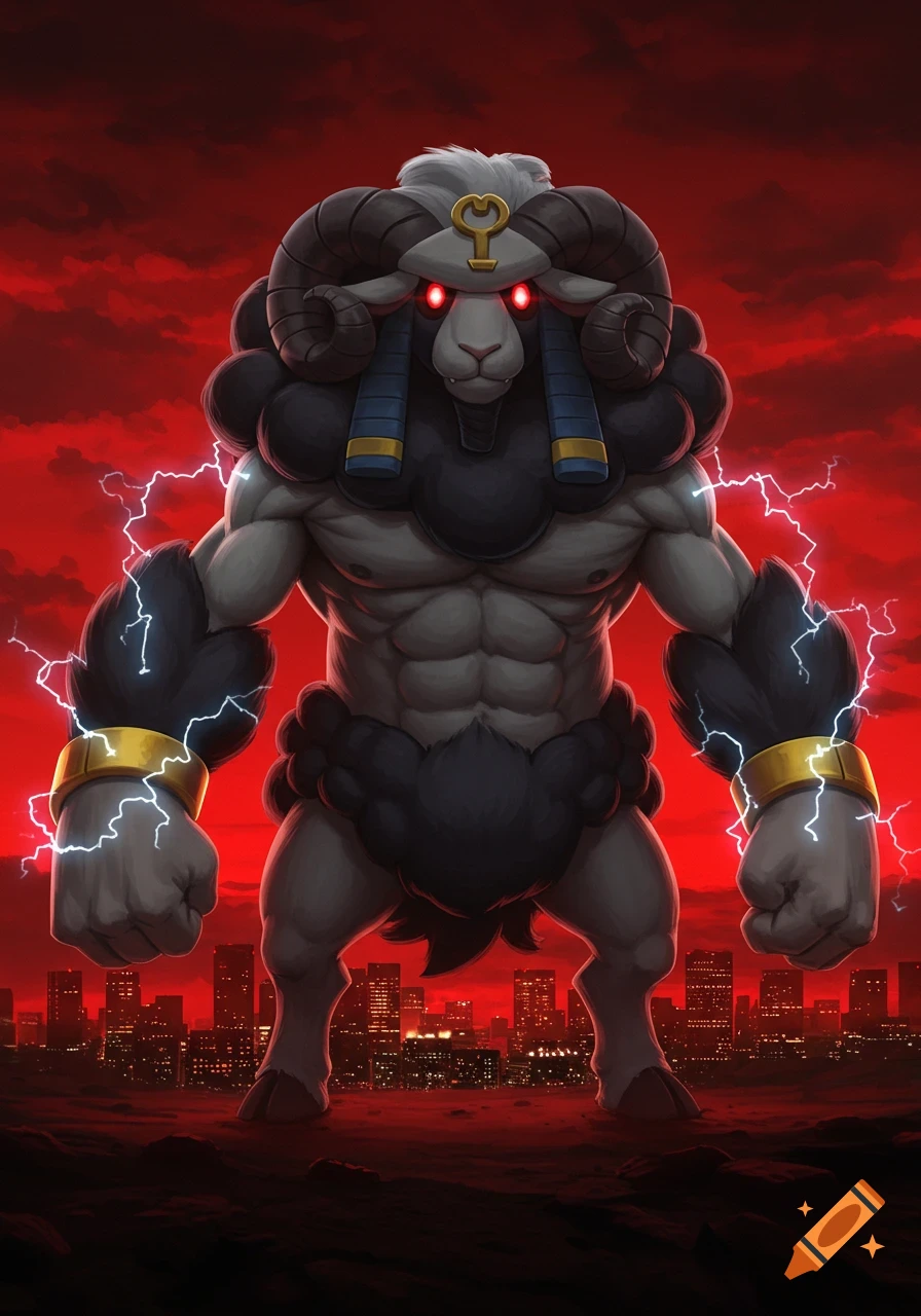 Giant muscular ram-headed creature with glowing red eyes and Egyptian headdress, standing menacingly over a city under a red sky.