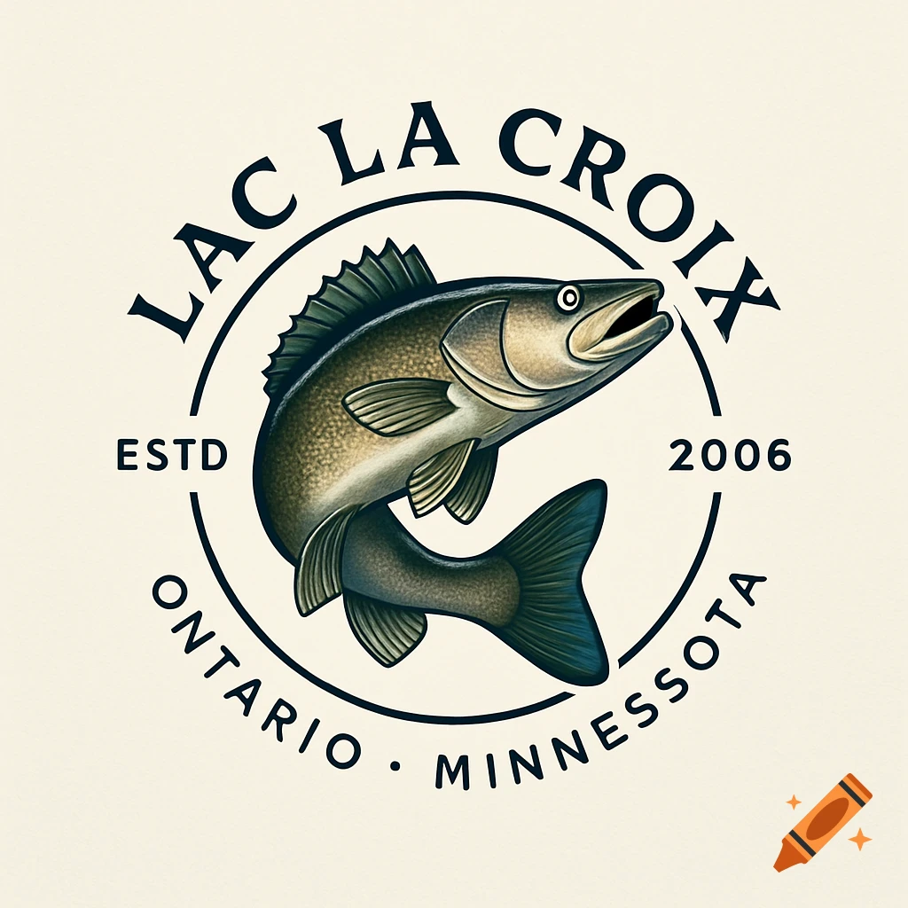 Vintage-style logo for Lac La Croix fishing camp with a walleye fish, 'ESTD 2006', 'ONTARIO', 'MINNESOTA' text.