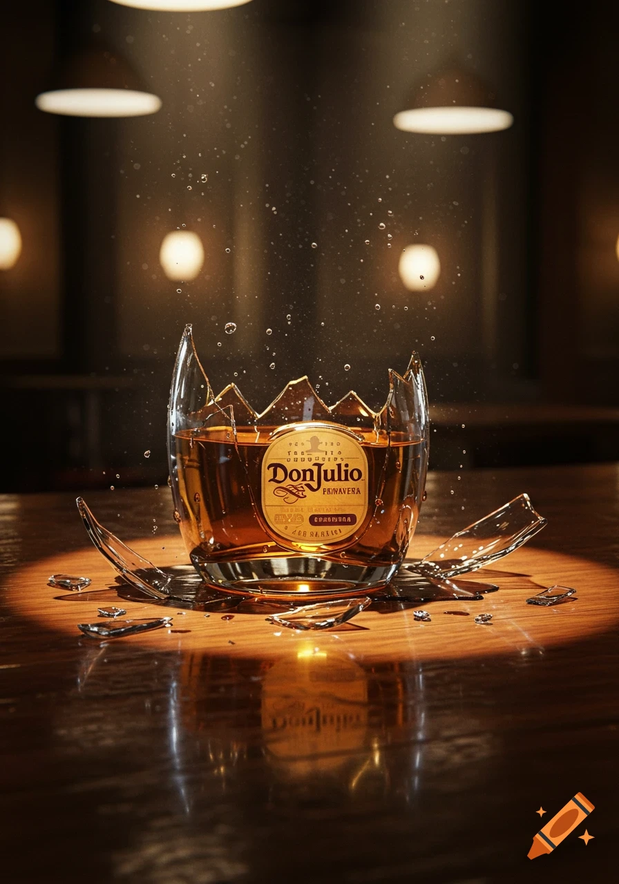 A photorealistic image of a broken glass filled with Don Julio Primavera tequila on a wooden table, with liquid splashing.