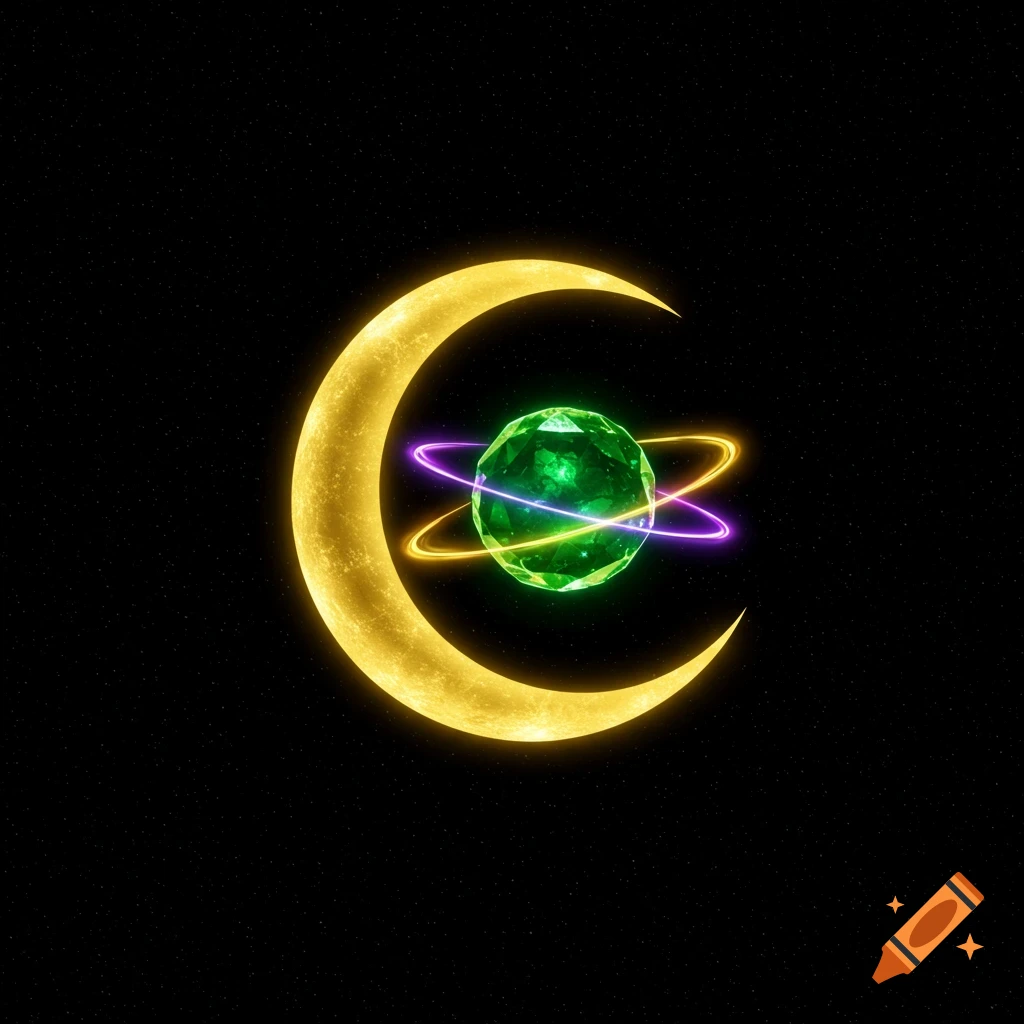A luminous golden crescent moon cradling a glowing green faceted orb with two neon rings against a starry black background.
