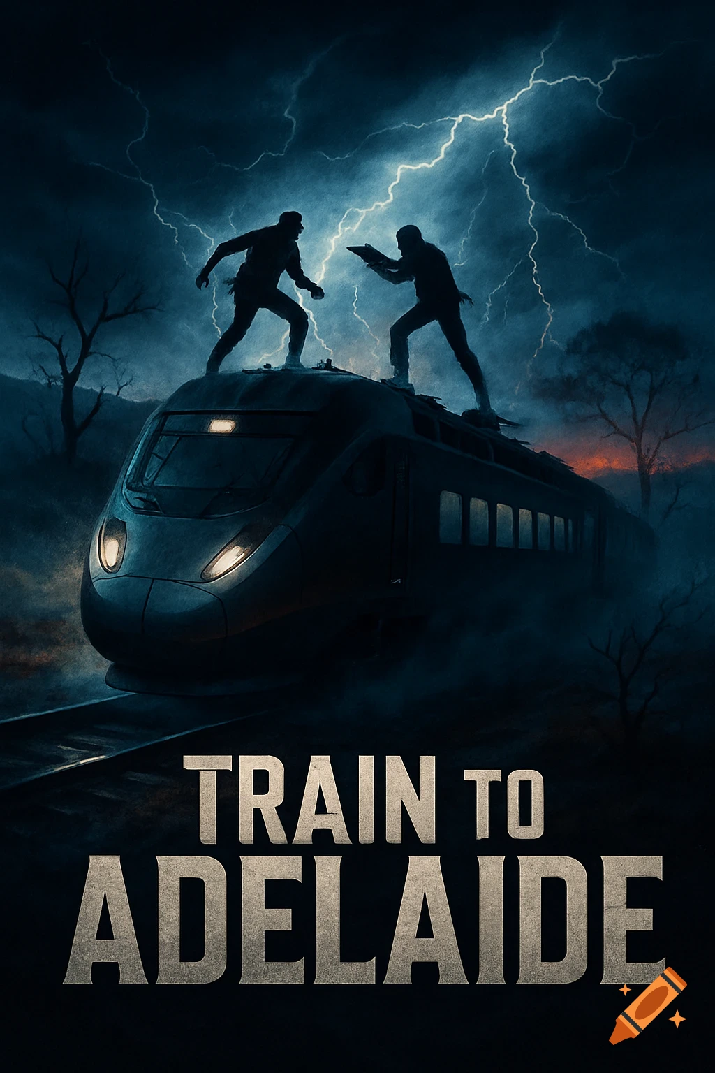 Movie poster for 'Train to Adelaide' featuring two silhouetted figures fighting on a train under a lightning-filled sky.
