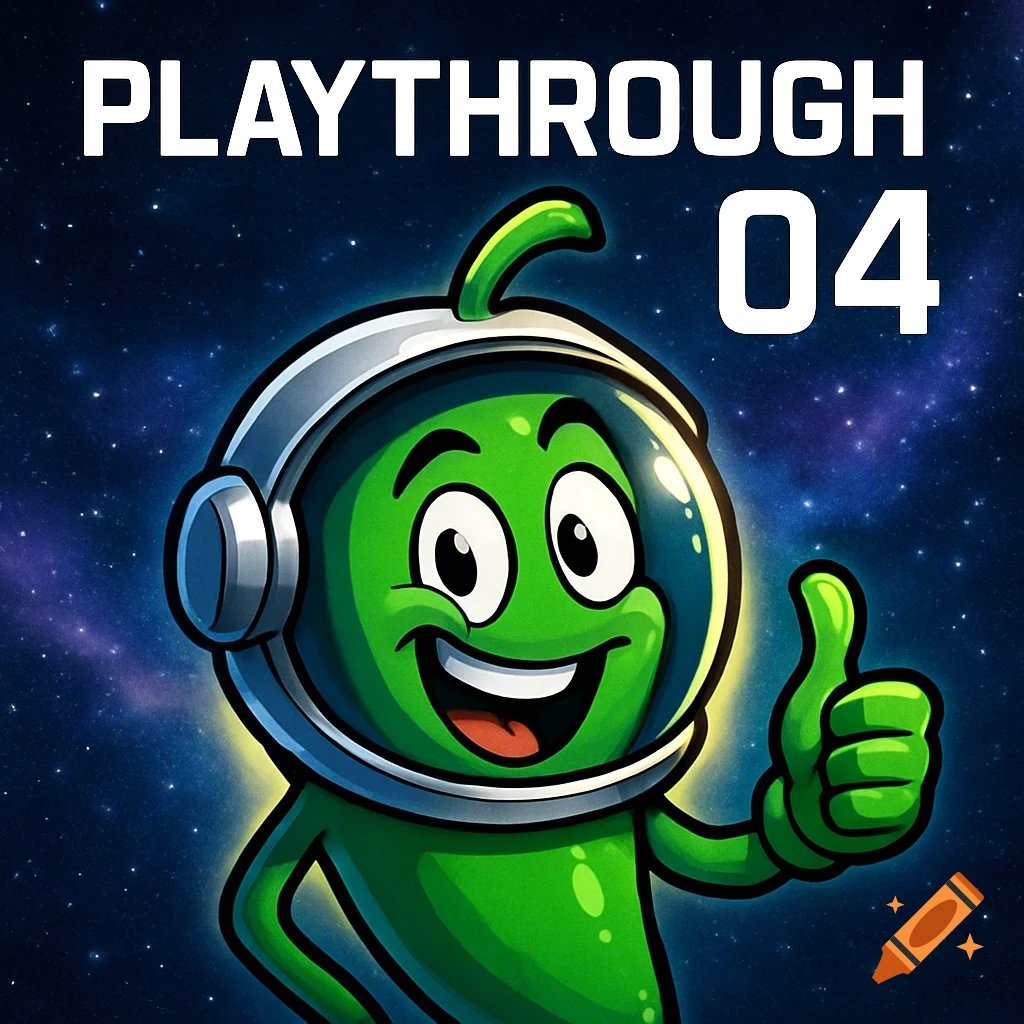 A cartoon green jalapeno in a space helmet gives a thumbs up against a starry deep space background with 'PLAYTHROUGH 04' text.