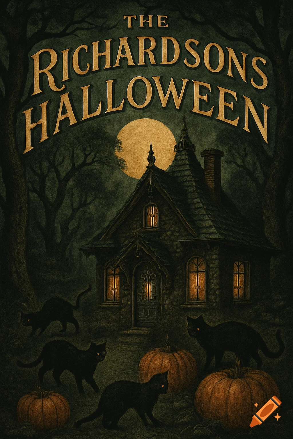 A vintage Halloween illustration of a spooky cottage with glowing windows, black cats, and pumpkins under a full moon. The title reads 'The Richardsons Halloween'.
