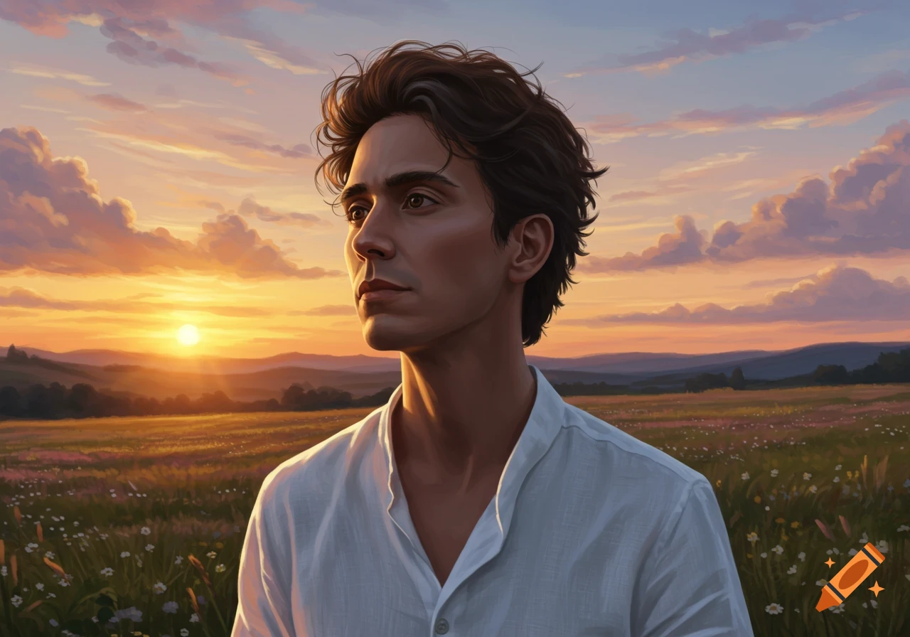 A man in a white shirt looking to the side, standing in a field of wildflowers with a vibrant sunset and clouds in the background. Digital painting style.