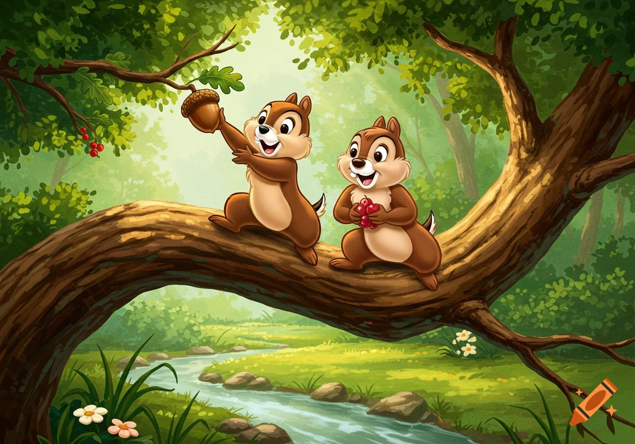 Two cartoon chipmunks on a large tree branch in a sunny forest, one holding an acorn and the other holding red berries.