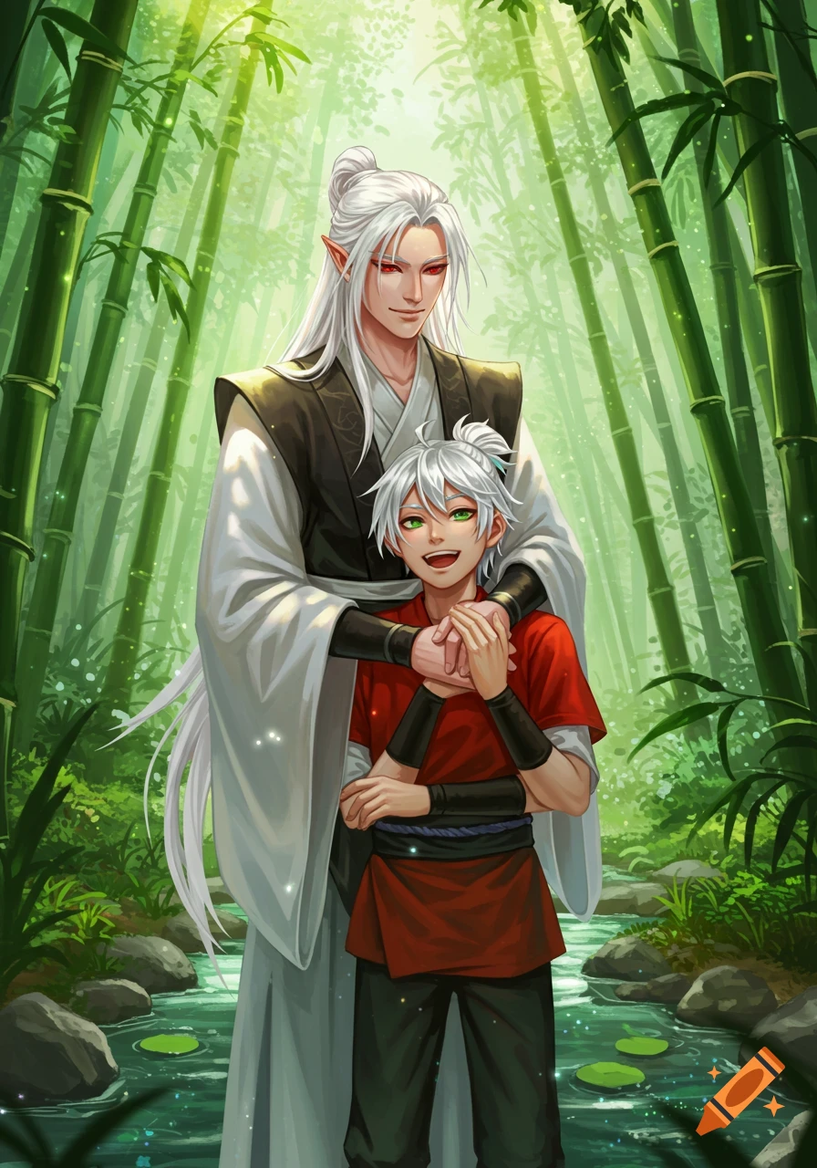An anime-style fantasy illustration of a tall, white-haired, red-eyed male elf embracing a younger, white-haired, green-eyed boy in a vibrant bamboo forest.