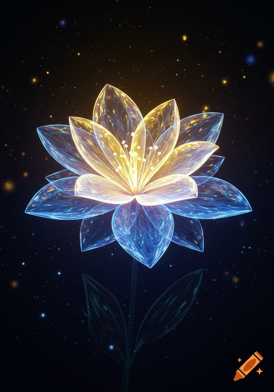 A radiant lotus-like flower made of glowing blue and yellow light against a dark background with sparkling particles.