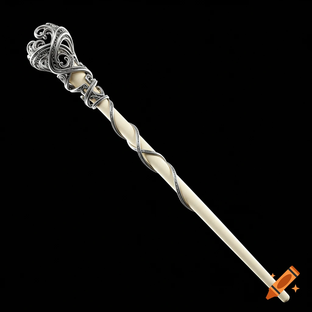 A slender, silver and ivory baroque wand with intricate silver details on a stark black background.