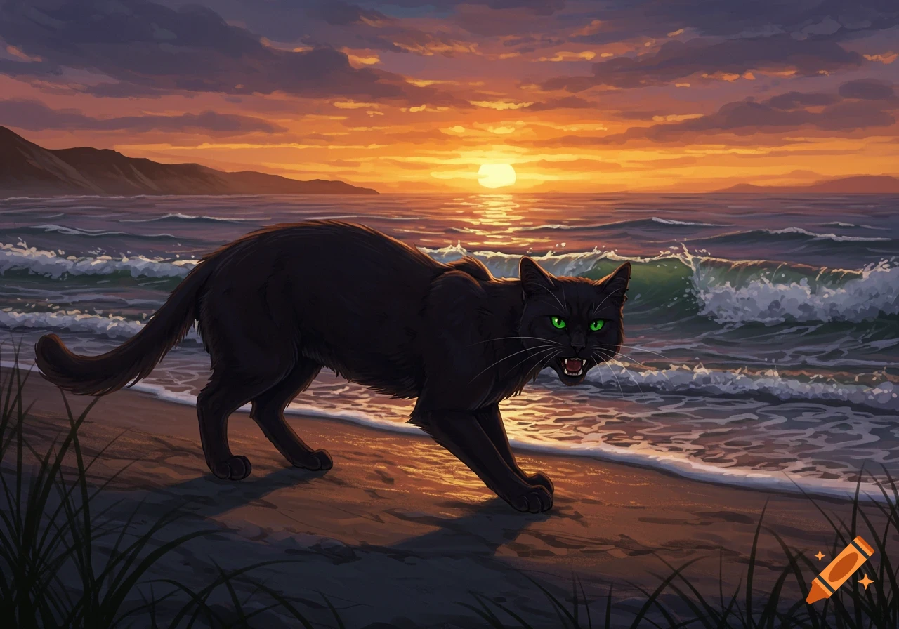 A black cat with glowing green eyes hisses on a beach as waves crash at sunset, digital art.