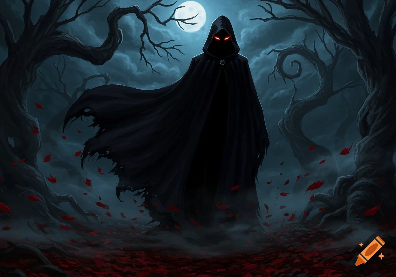 A dark, cloaked figure with glowing red eyes stands in a moonlit, spooky forest with fallen red leaves.