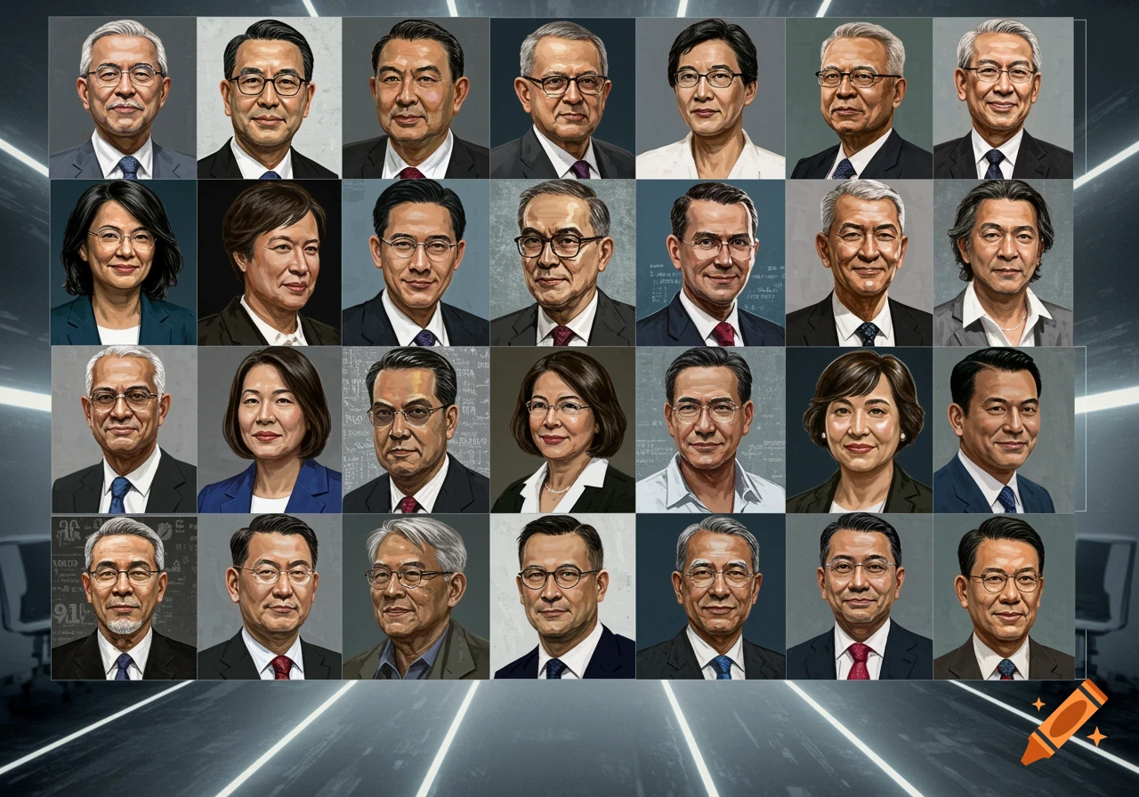 A grid of 24 diverse professional portraits of men and women, stylized digitally.