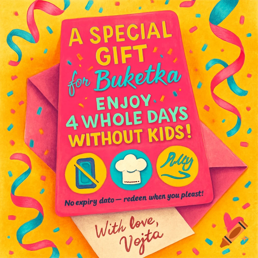 Colorful illustrated gift voucher with text 'A Special Gift for Buketka, Enjoy 4 Whole Days Without Kids!' on a yellow background.