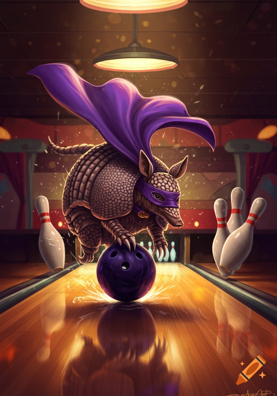 A detailed illustration of an armadillo in a purple Zorro costume rolling a bowling ball down a lane towards pins.